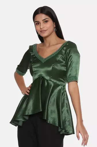 Silk Satin Green Embroidered Top
