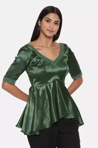 Silk Satin Green Embroidered Top