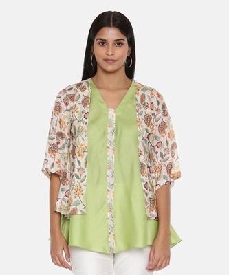 Silk Muslin Printed Green Pink Top 1