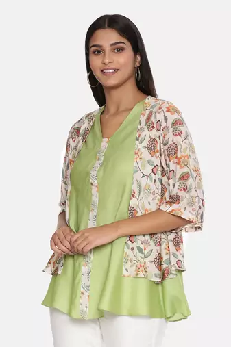 Silk Muslin Printed Green Pink Top