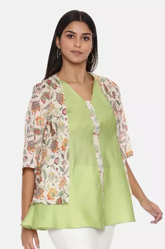 Silk Muslin Printed Green Pink Top