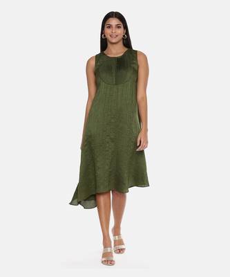 Green Slub Silk Pleated Dress 1