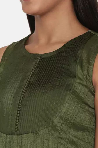 Green Slub Silk Pleated Dress