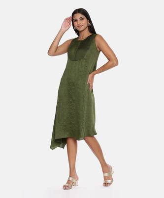 Green Slub Silk Pleated Dress 3