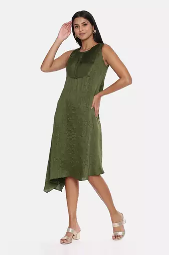 Green Slub Silk Pleated Dress