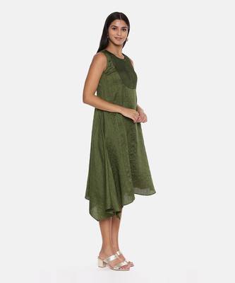 Green Slub Silk Pleated Dress 4