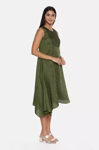 Green Slub Silk Pleated Dress