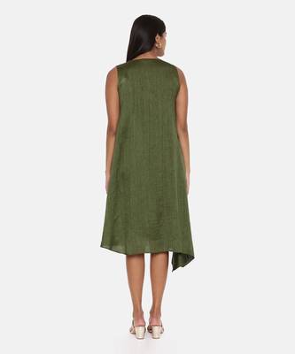 Green Slub Silk Pleated Dress 5