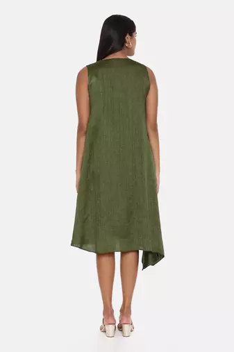 Green Slub Silk Pleated Dress