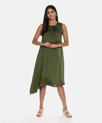 Green Slub Silk Pleated Dress 6