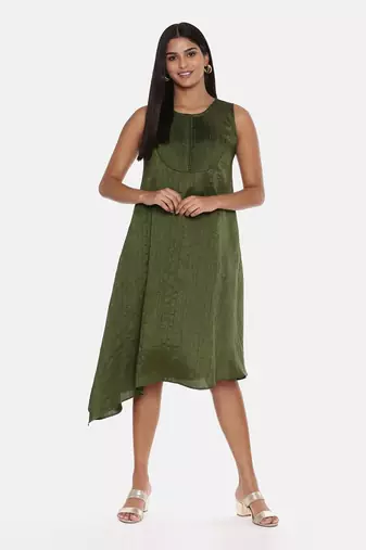 Green Slub Silk Pleated Dress