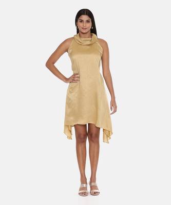 Koul Neck Gold Silk Short Dress 1