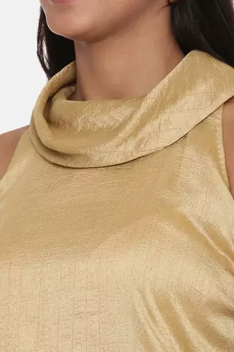 Koul Neck Gold Silk Short Dress