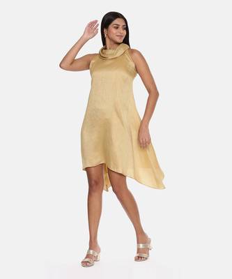 Koul Neck Gold Silk Short Dress 3