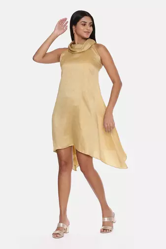 Koul Neck Gold Silk Short Dress
