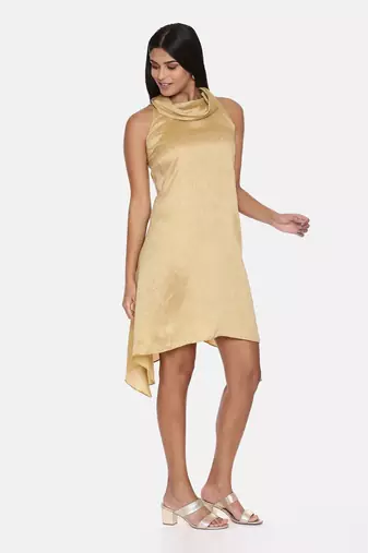 Koul Neck Gold Silk Short Dress
