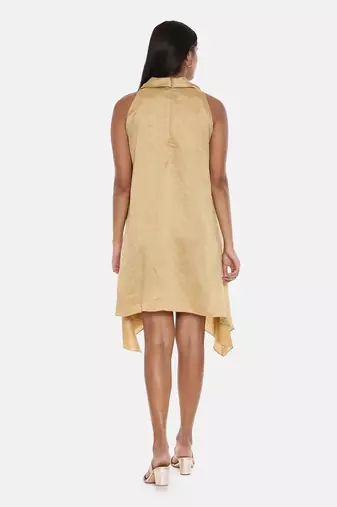 Koul Neck Gold Silk Short Dress