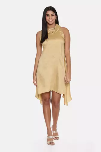Koul Neck Gold Silk Short Dress