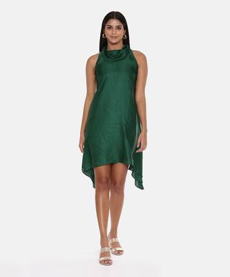 Cowl Neck Green Silk Short Dress 1