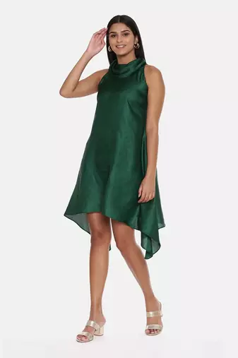 Cowl Neck Green Silk Short Dress