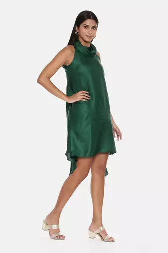 Cowl Neck Green Silk Short Dress