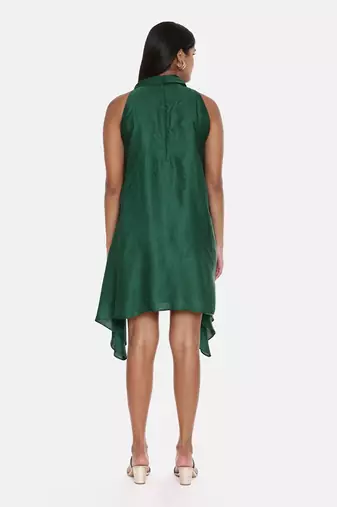Cowl Neck Green Silk Short Dress