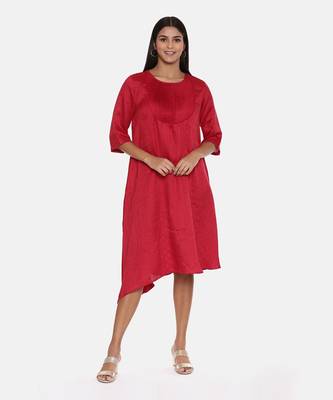 Red Slub Silk Pleated Dress 1