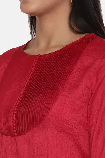 Red Slub Silk Pleated Dress