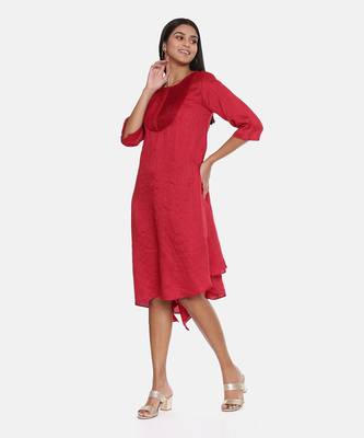 Red Slub Silk Pleated Dress 3
