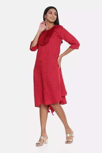 Red Slub Silk Pleated Dress