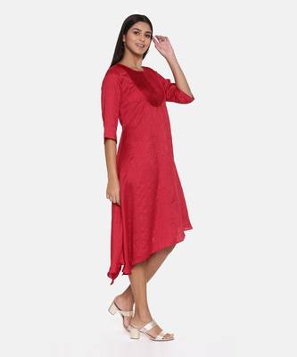 Red Slub Silk Pleated Dress 4