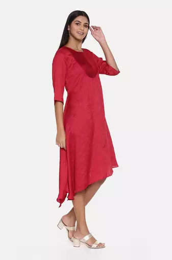 Red Slub Silk Pleated Dress