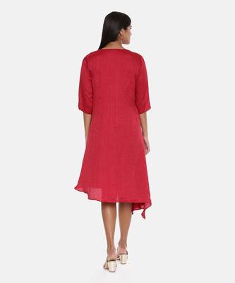 Red Slub Silk Pleated Dress 5