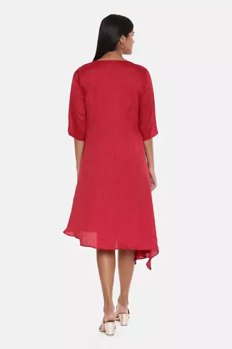 Red Slub Silk Pleated Dress