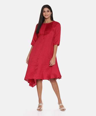 Red Slub Silk Pleated Dress 6
