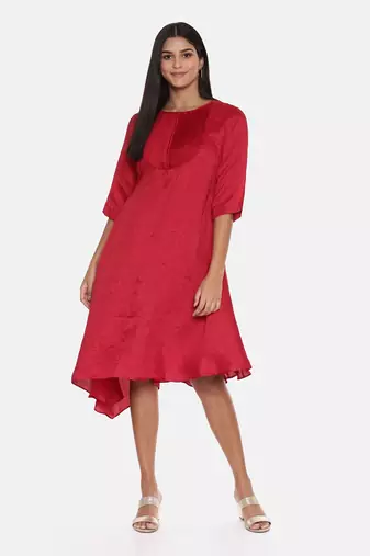 Red Slub Silk Pleated Dress