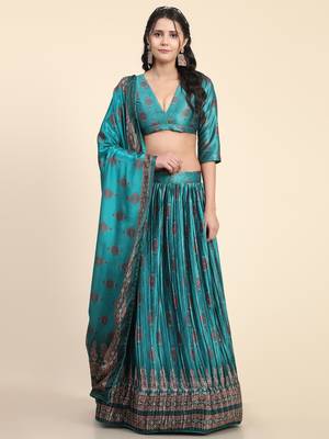 Light-turquoise digital print satin semi stitched lehenga 5
