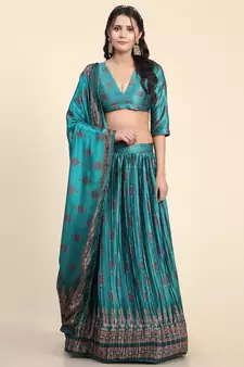 Light-turquoise digital print satin semi stitched lehenga