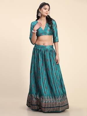 Light-turquoise digital print satin semi stitched lehenga 7