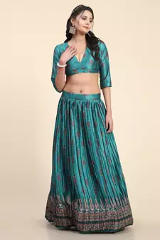Light-turquoise digital print satin semi stitched lehenga