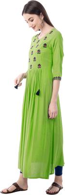 Light-green embroidered cotton ethnic-kurtis 5