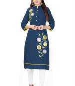 Dark-blue embroidered viscose rayon ethnic-kurtis