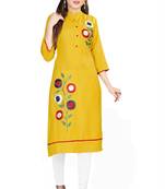 Yellow embroidered viscose rayon ethnic-kurtis