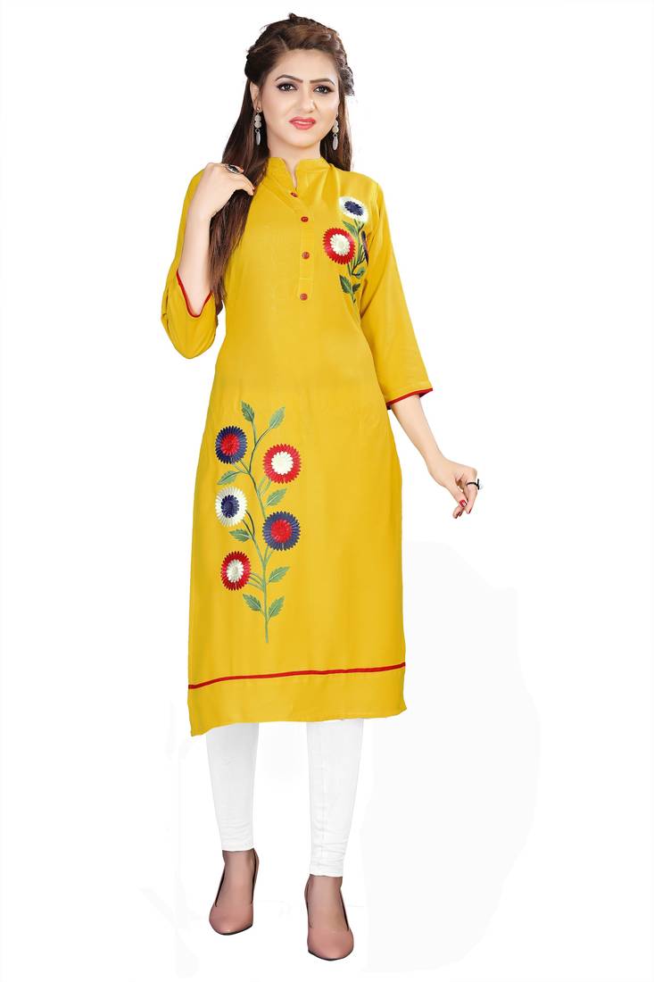Yellow embroidered viscose rayon ethnic-kurtis