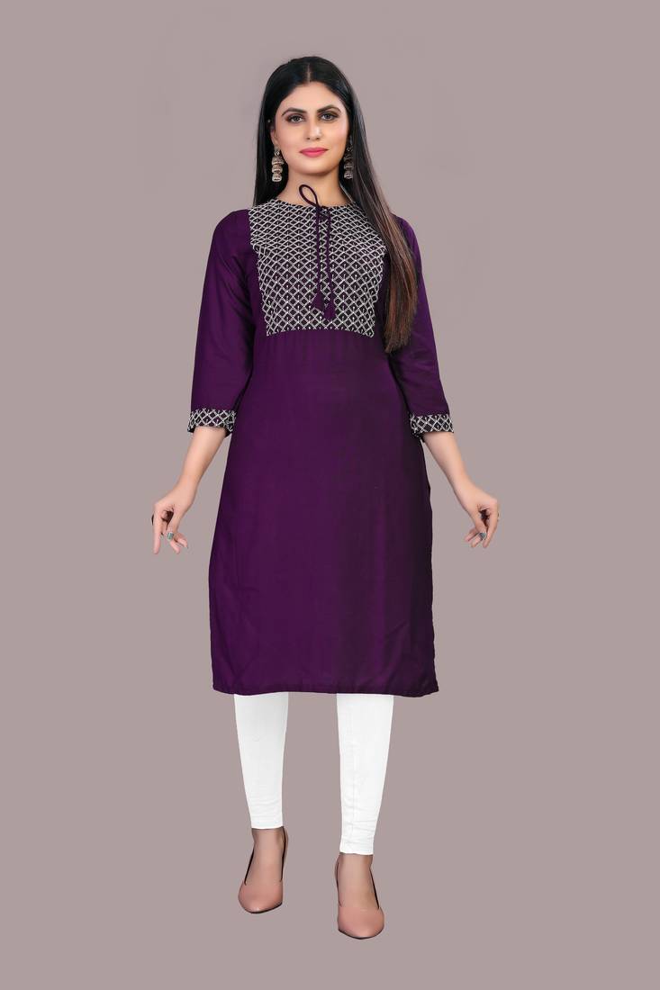 Purple embroidered viscose rayon ethnic-kurtis