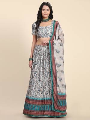Light-grey digital print satin semi stitched lehenga 5