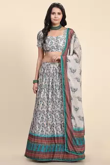 Light-grey digital print satin semi stitched lehenga