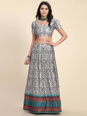 Light-grey digital print satin semi stitched lehenga 7
