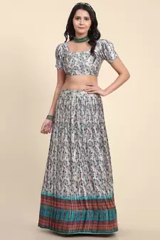 Light-grey digital print satin semi stitched lehenga