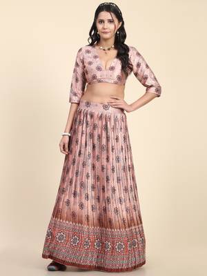 Light-peach digital print satin semi stitched lehenga 6